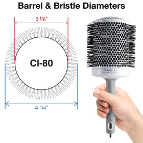 Close-up of Olivia Garden hair brush ceramic barrel