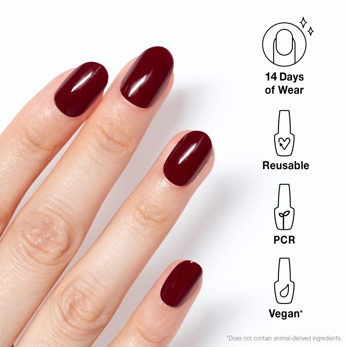 Close-up of OPI xPRESS/ON Malaga Wine nail tip design