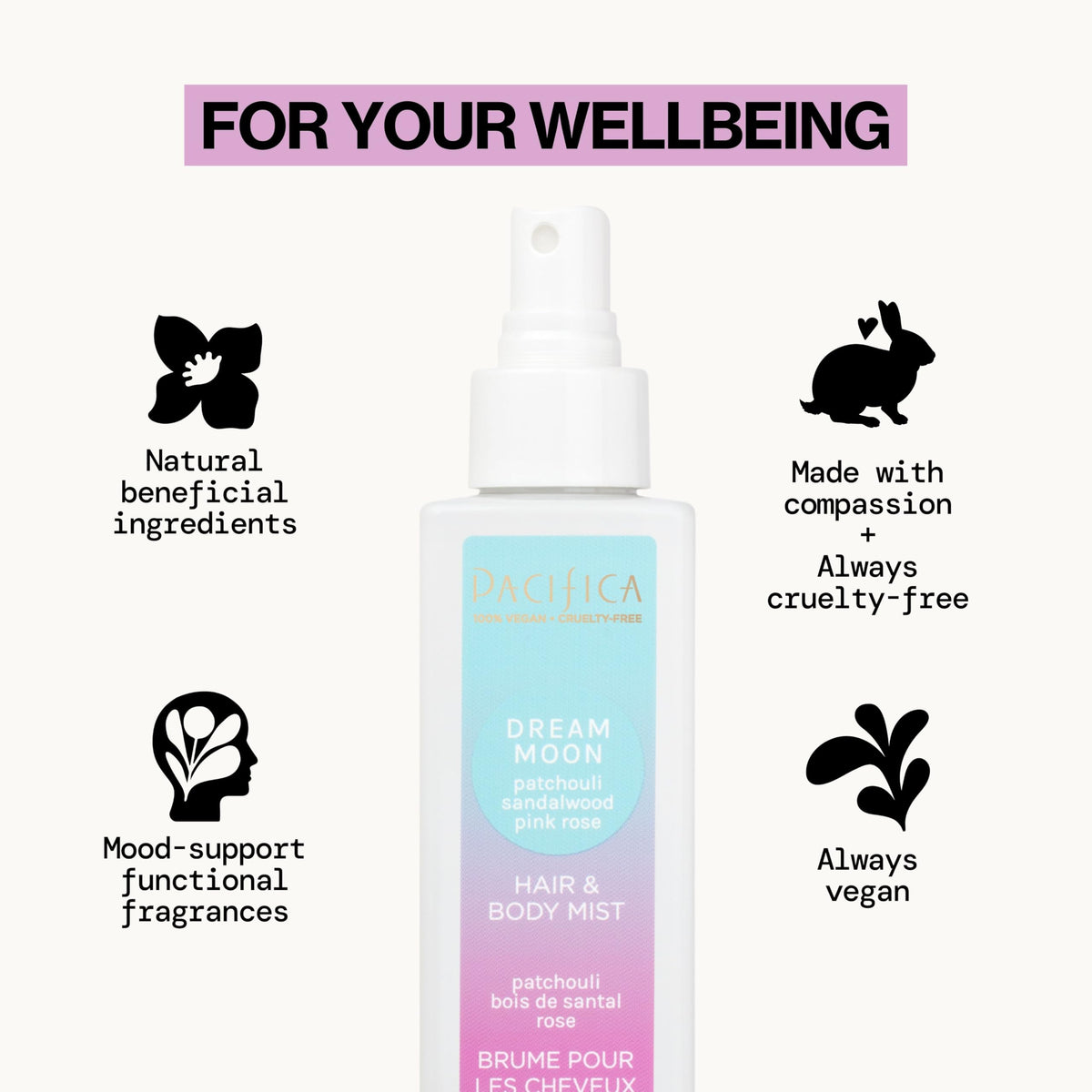 Close-up of Pacifica Dream Moon Hair Perfume & Body Spray label