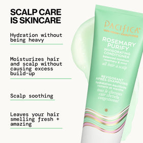 Close-up of Pacifica Rosemary Purify Shampoo bottle with mint leaves