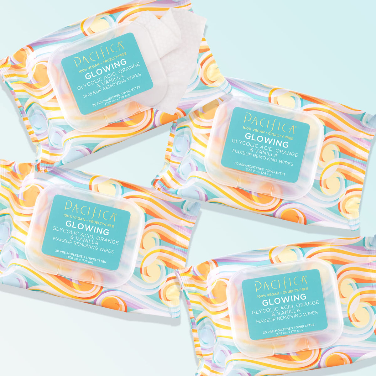 Close-up of Pacifica Vegan Face Cleansing Wipes with glycolic acid ingredients