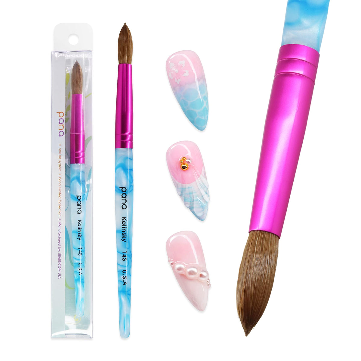 Close-up of PANA nail brush showing white swirl blue handle