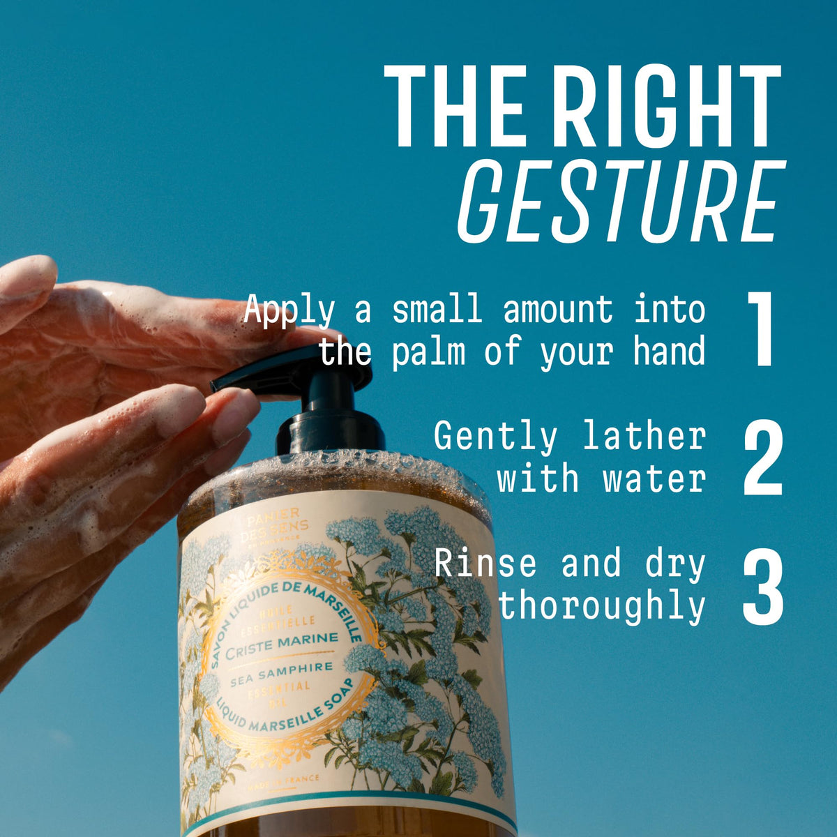 Close-up of Panier des Sens Sea Samphire Liquid Hand Soap label