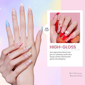 close-up of pastel gel nail polish colours in the kit