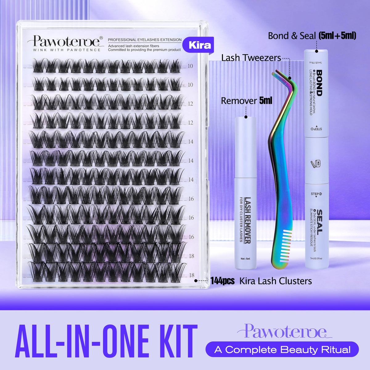 Close-up of Pawotence Kira lash clusters in various lengths