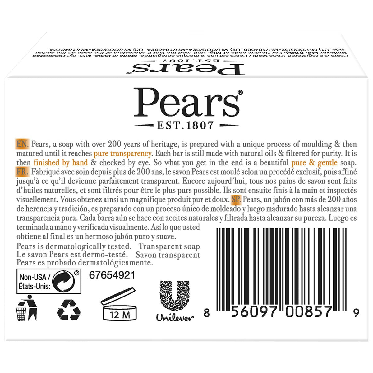 Close-up of Pears Soap bar showing glycerin texture