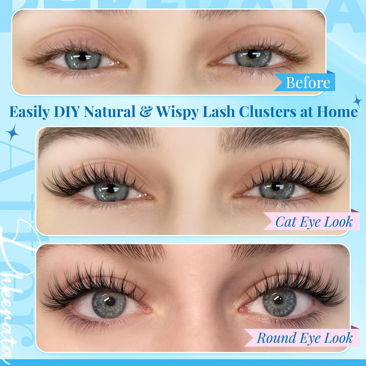 Close-up of PHKERATA lash clusters in various lengths from 10mm to 16mm