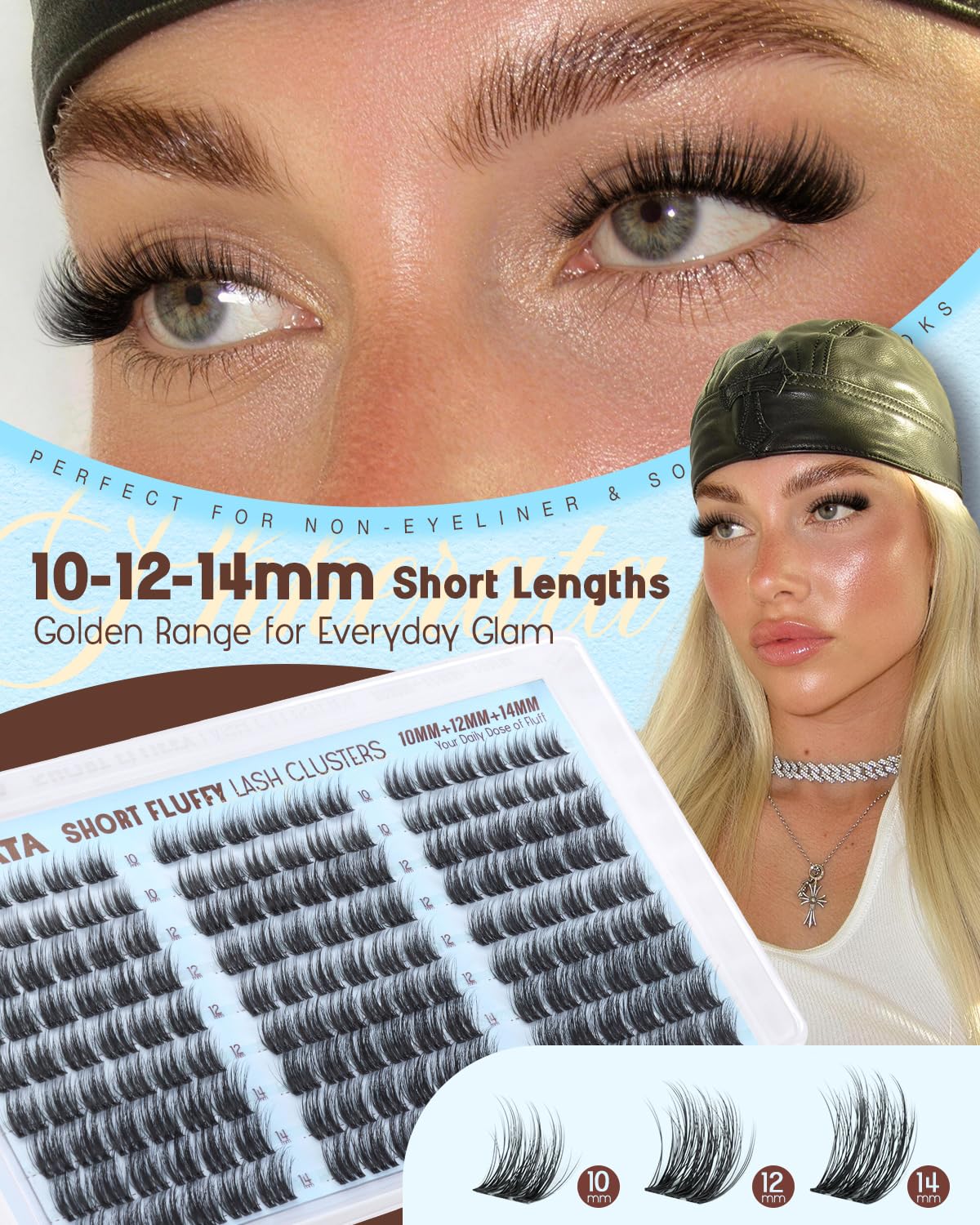 Close-up of PHKERATA lash clusters showing 10-14mm lengths