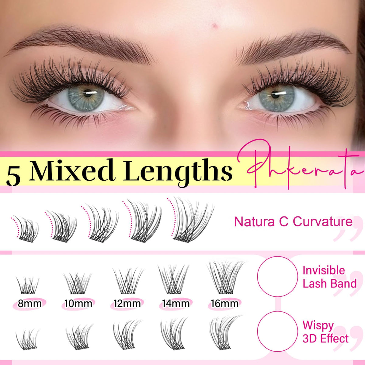 Close-up of PHKERATA lash clusters with various lengths