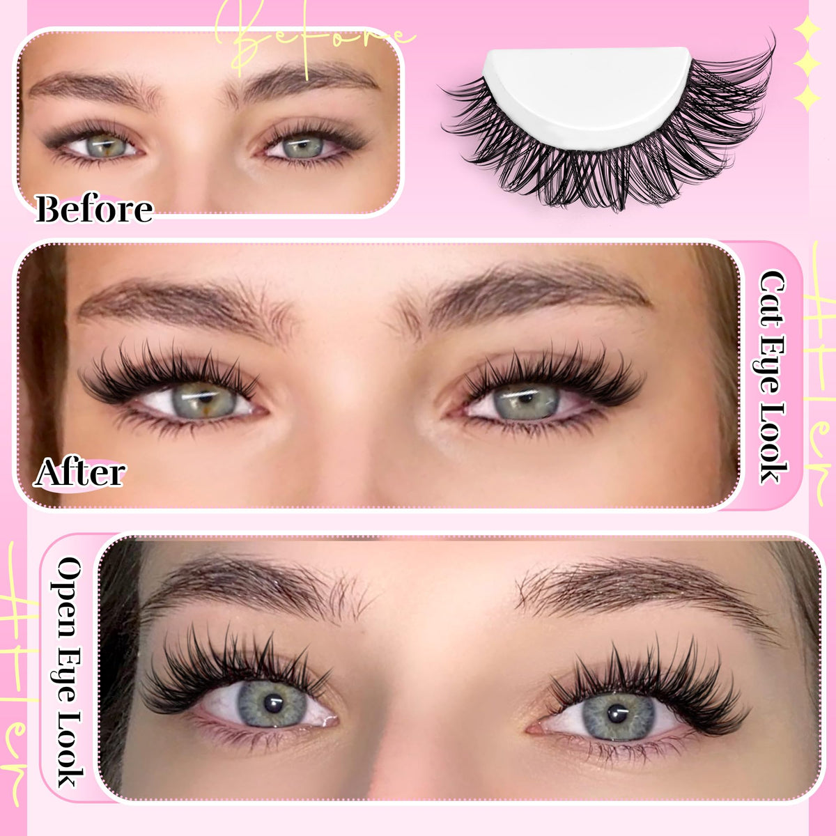 Close-up of PHKERATA wispy lash clusters in various lengths