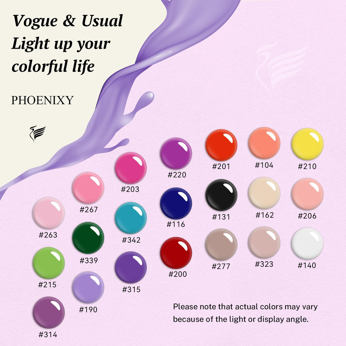 Close-up of Phoenixy gel nail polish bottles in various purple shades