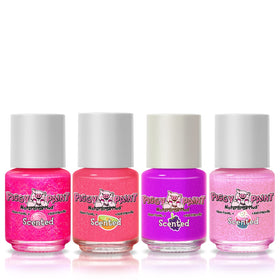 Close-up of Piggy Paint nail polish bottles in vibrant colours