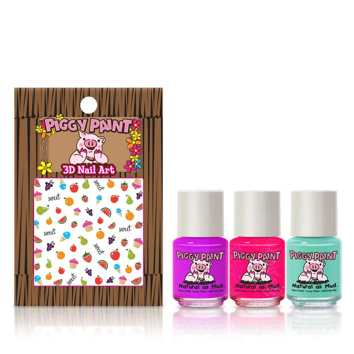 Close-up of Piggy Paint nail polish in vibrant colours