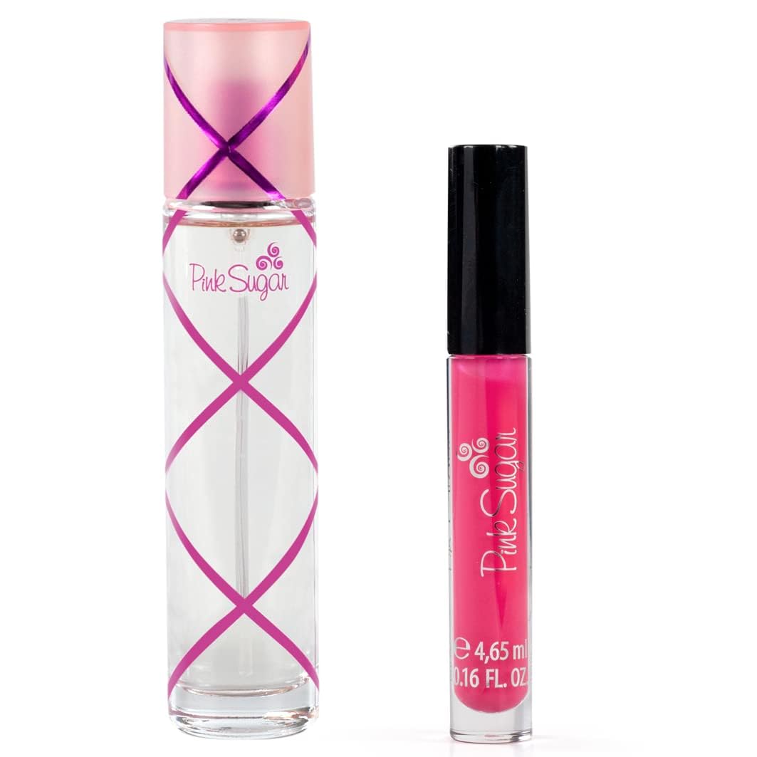 Close-up of Pink Sugar Eau de Toilette bottle and lip gloss