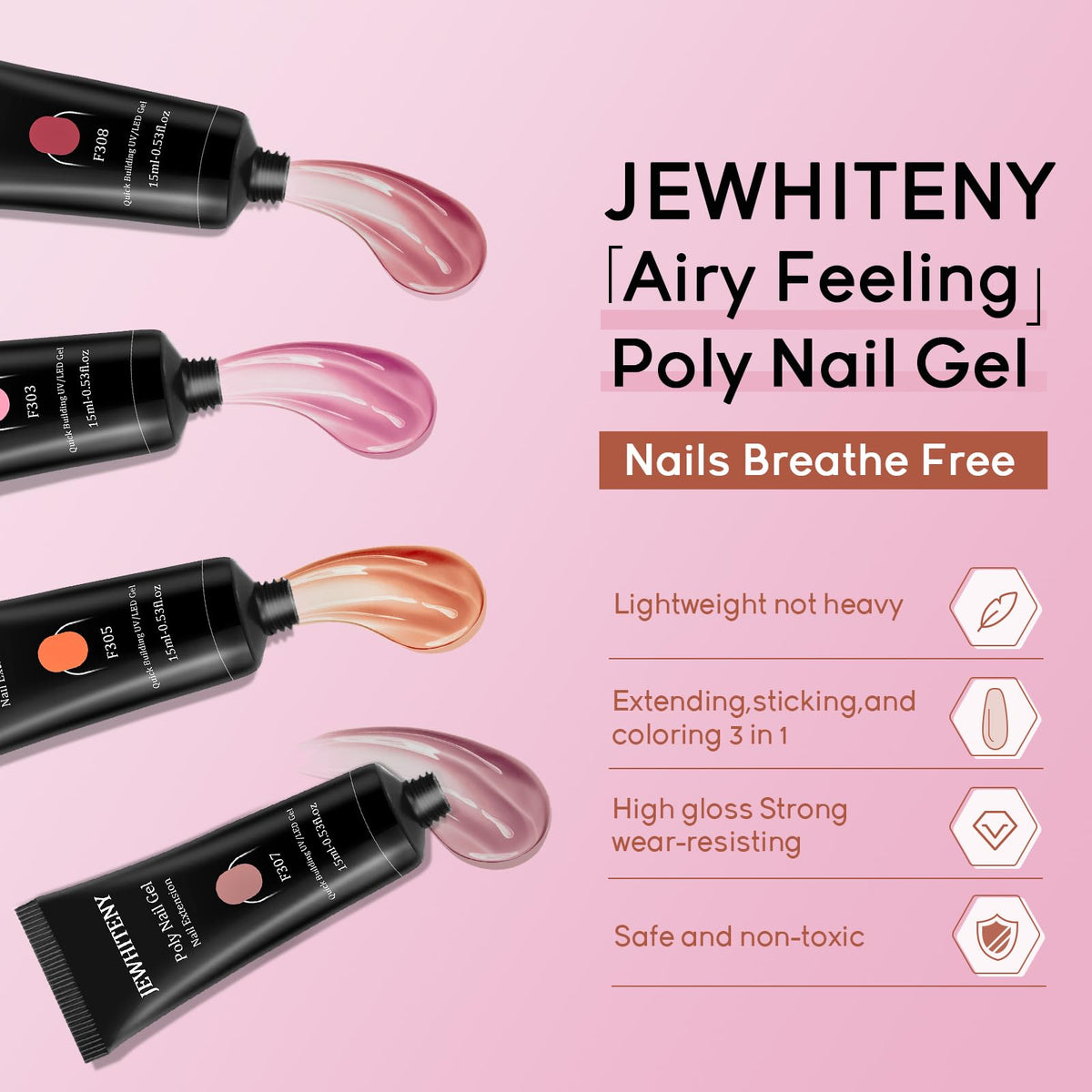Close-up of poly nail gel tubes in JEWHITENY kit