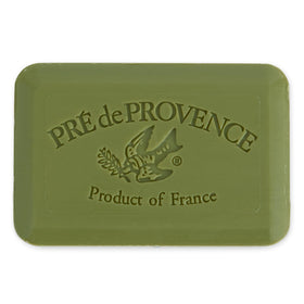 Close-up of Pre de Provence soap bar texture and packaging