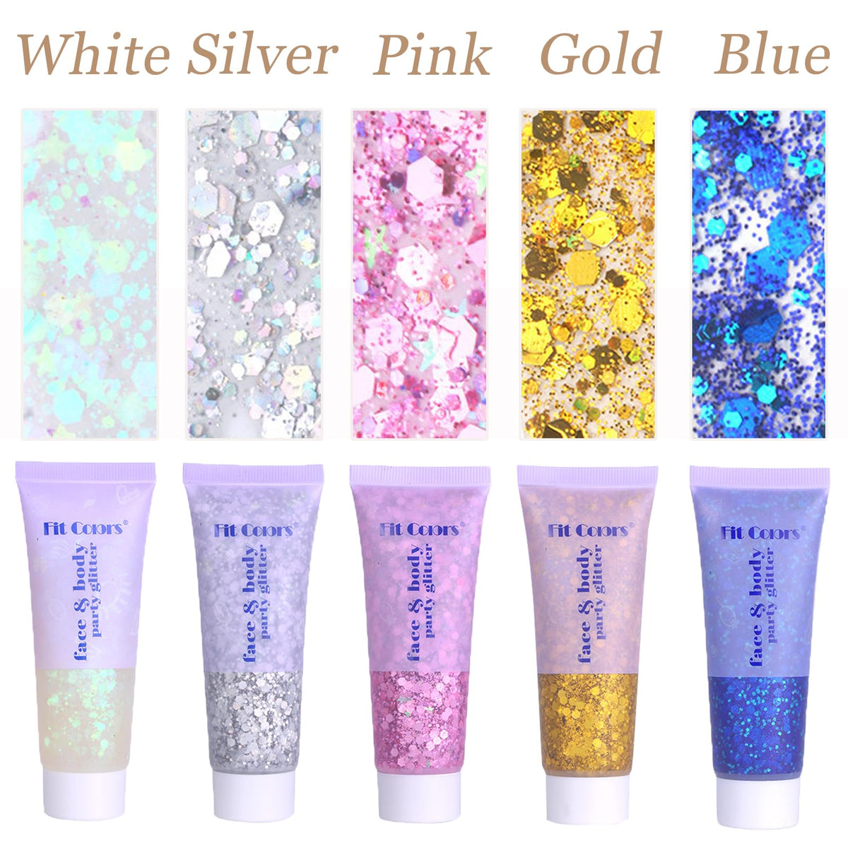 Close-up of Prehot Face Body Glitter Gel tube showing glitter texture