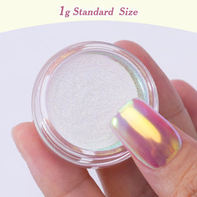 Close-up of Pretty Diva Aurora Nail Powder showing iridescent glitter