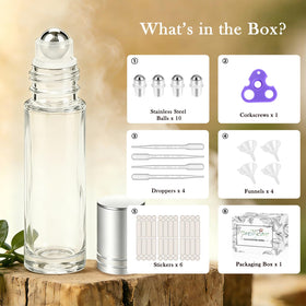 Close-up of PrettyCare essential oil roller bottle with silver cap