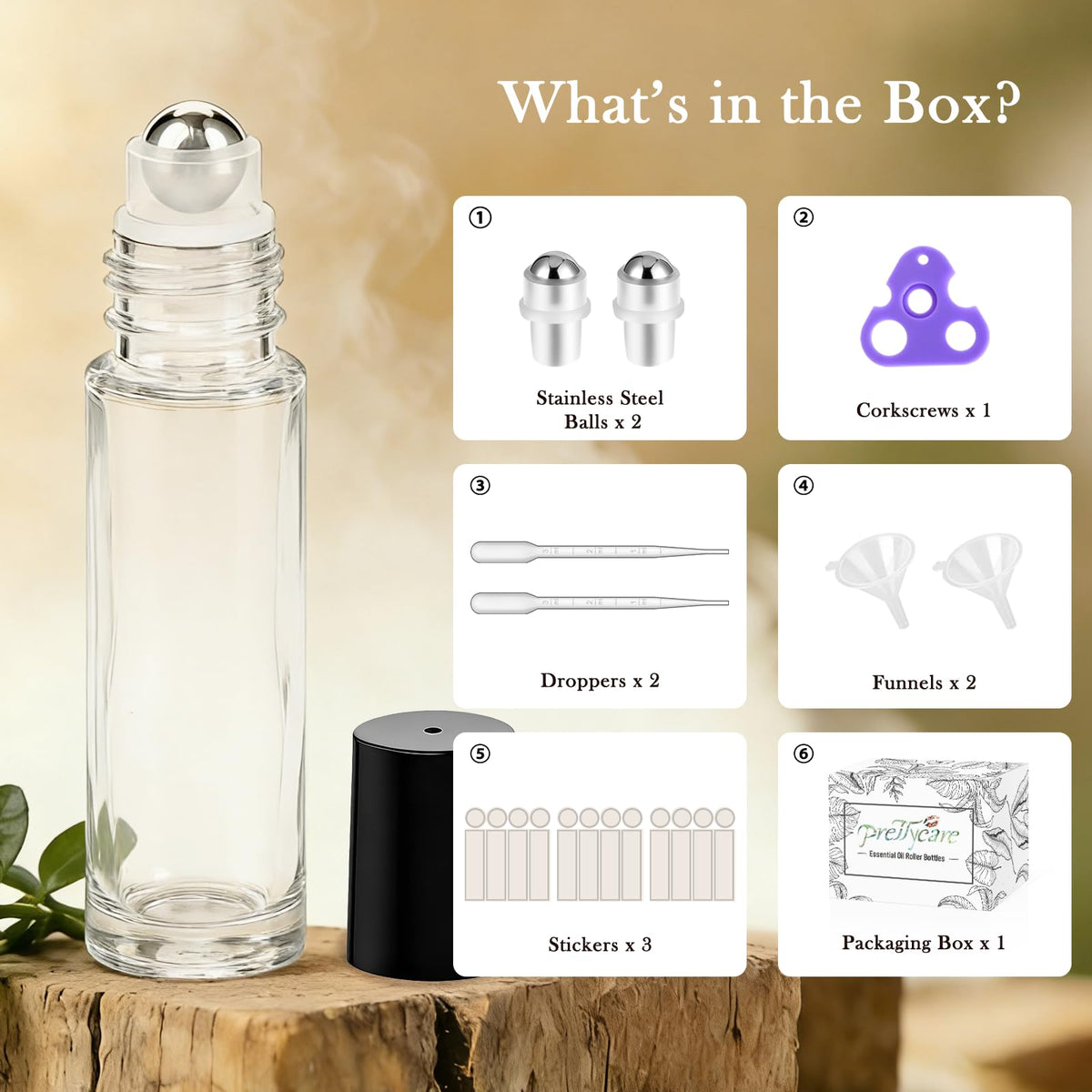Close-up of PrettyCare essential oil roller bottle with stainless steel roller ball