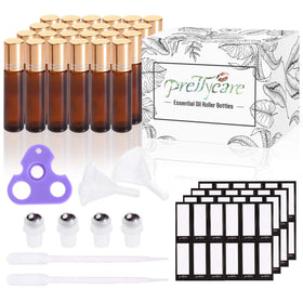 Close-up of PrettyCare essential oil roller bottle with stainless steel ball