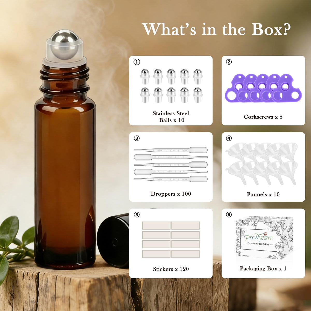 Close-up of PrettyCare essential oil roller bottle with stainless steel roller ball
