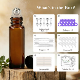 Close-up of PrettyCare essential oil roller bottle with stainless steel roller ball