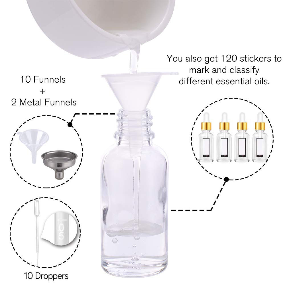 Close-up of PrettyCare glass dropper bottle with funnel