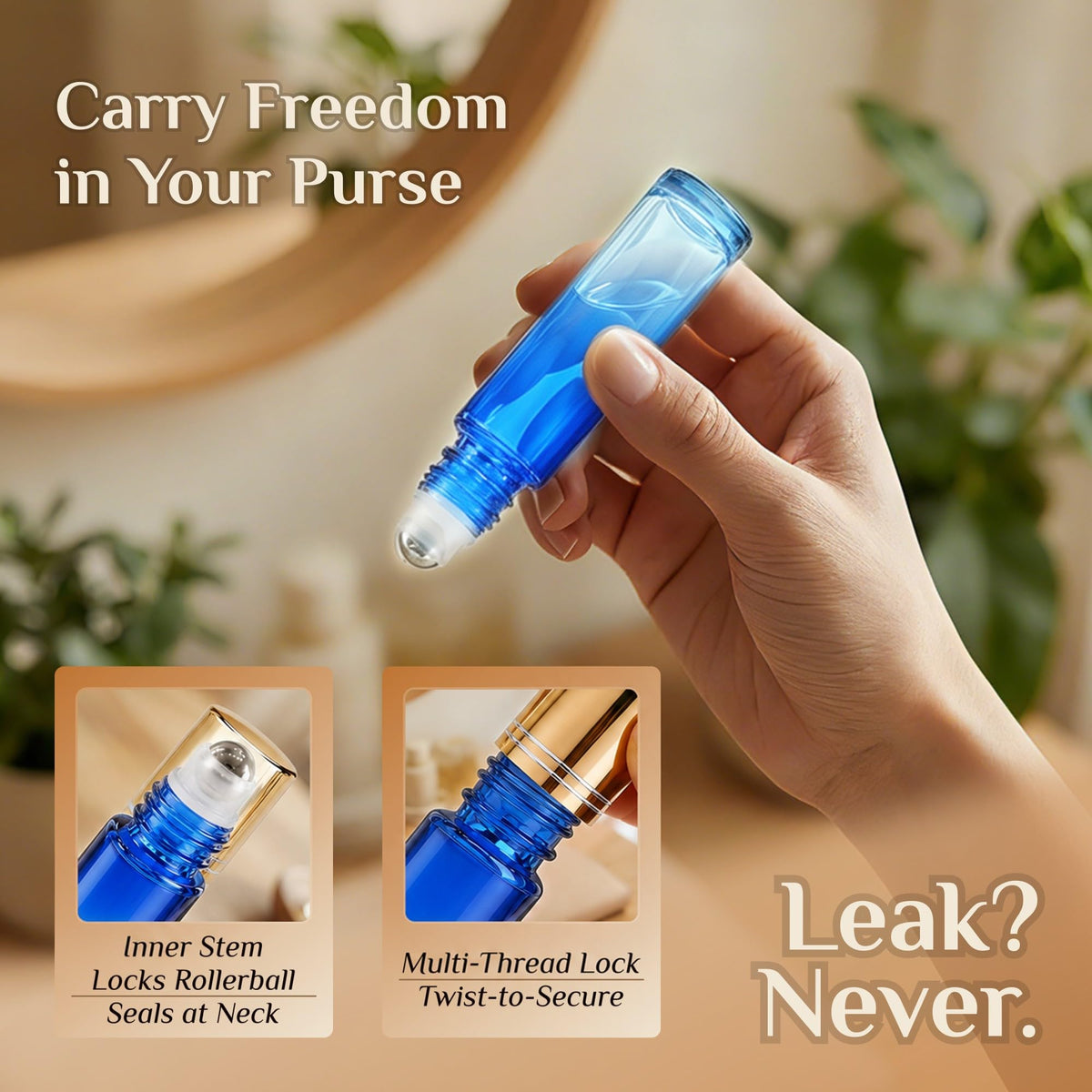 Close-up of PrettyCare roller bottle with screw top