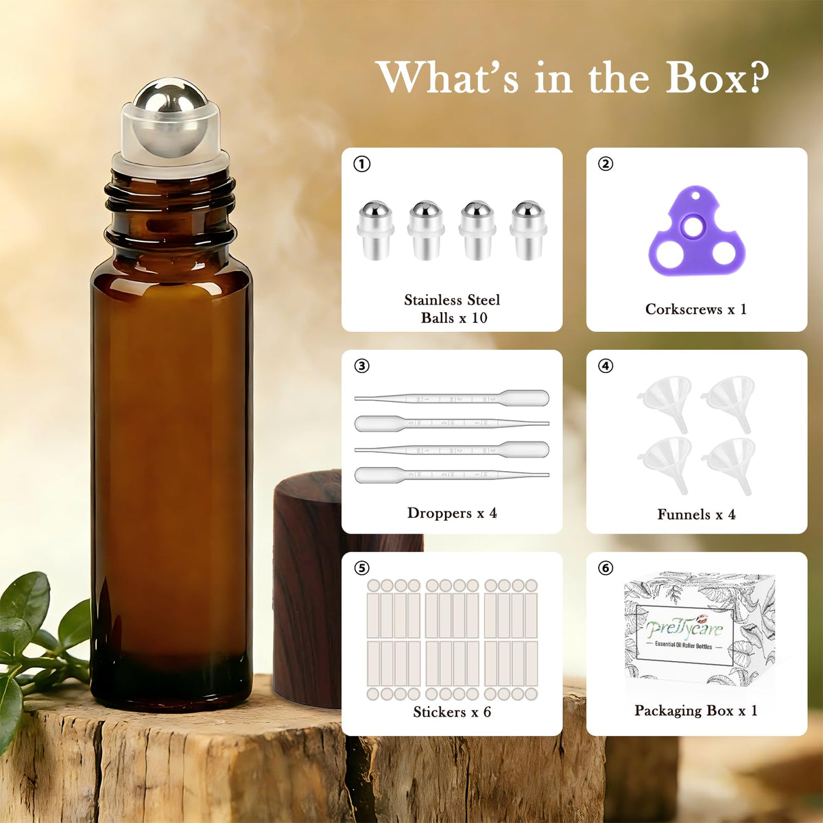 Close-up of PrettyCare roller bottle with wooden cap