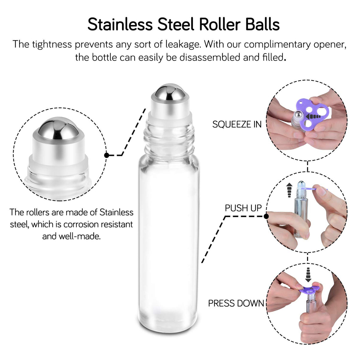 Close-up of PrettyCare stainless steel roller ball in essential oil bottle
