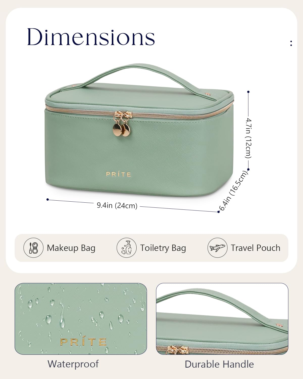 Close-up of Prite Makeup Bag's zipper and handle