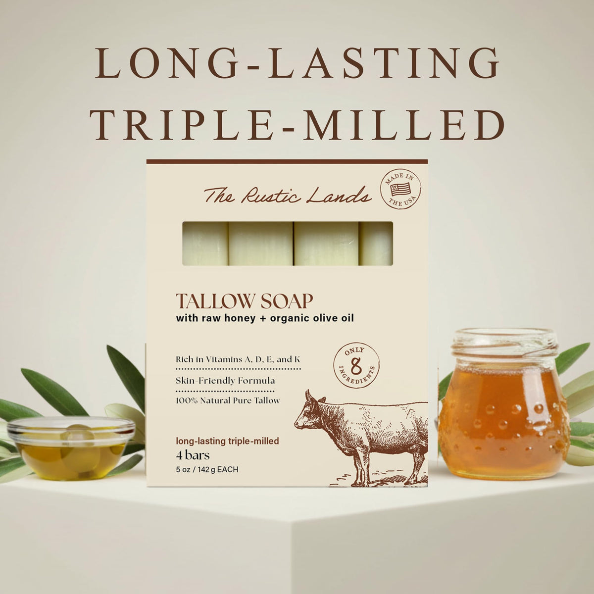 Close-up of PROVENCE ESSENTIALS beef tallow soap bar showing creamy texture