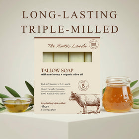 Close-up of PROVENCE ESSENTIALS beef tallow soap bar showing creamy texture
