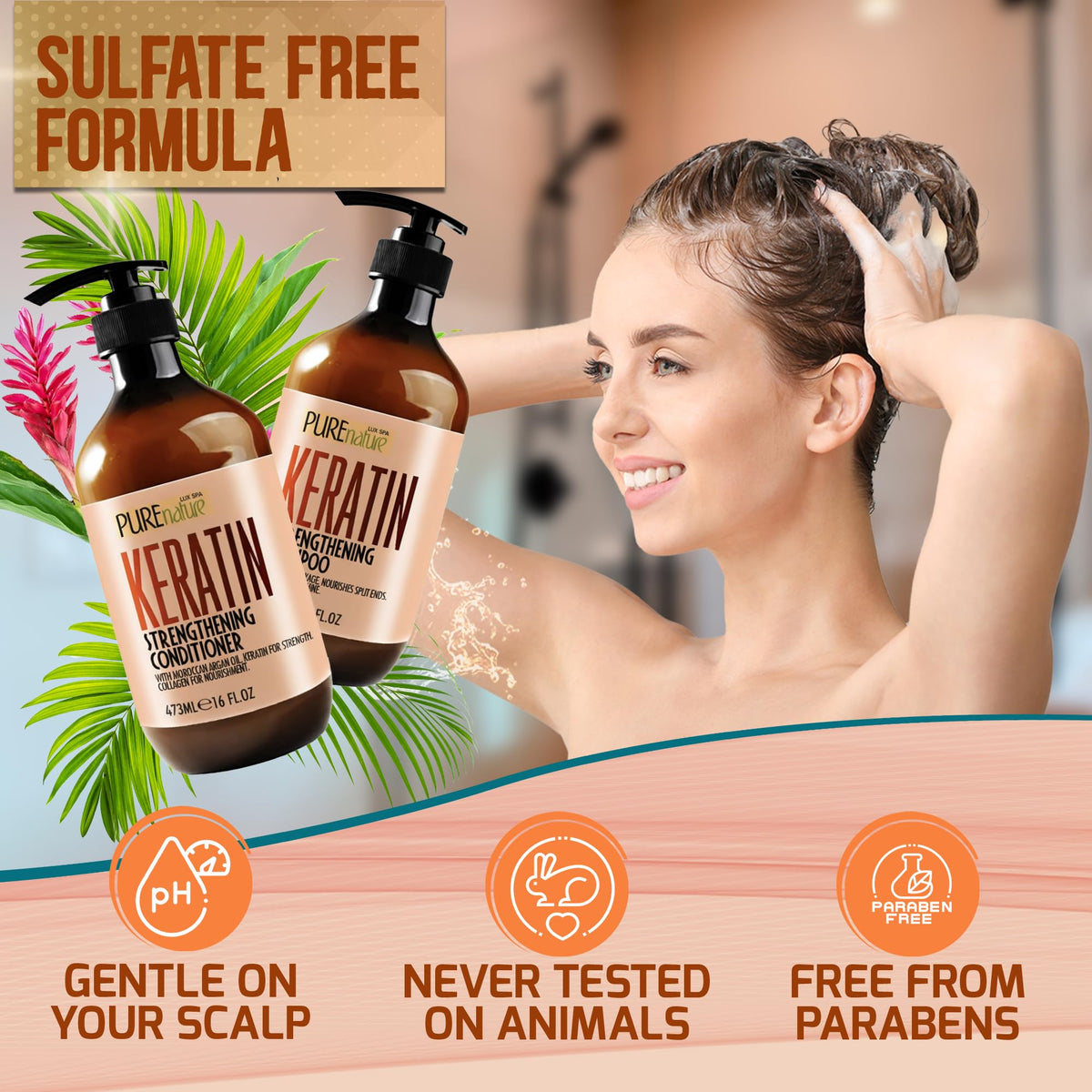 Close-up of PURE NATURE LUX SPA Keratin Shampoo bottle