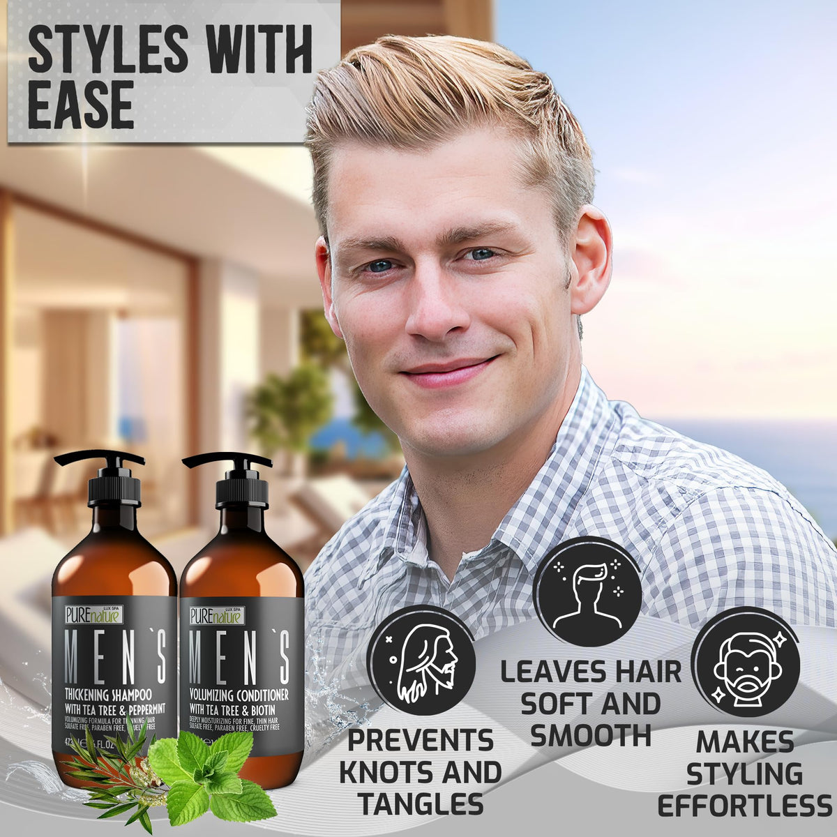 Close-up of PURE NATURE LUX SPA Mens Shampoo and Conditioner labels