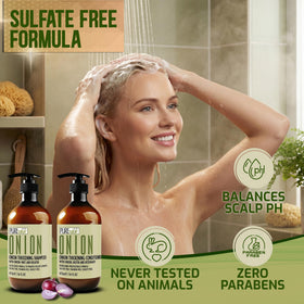 Close-up of PURE NATURE LUX SPA Onion Shampoo bottle