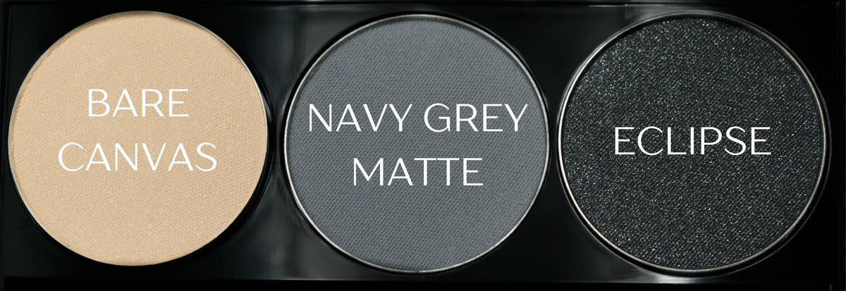 Close-up of Pure Ziva eyeshadow shades: off white, grey blue, and glitter black