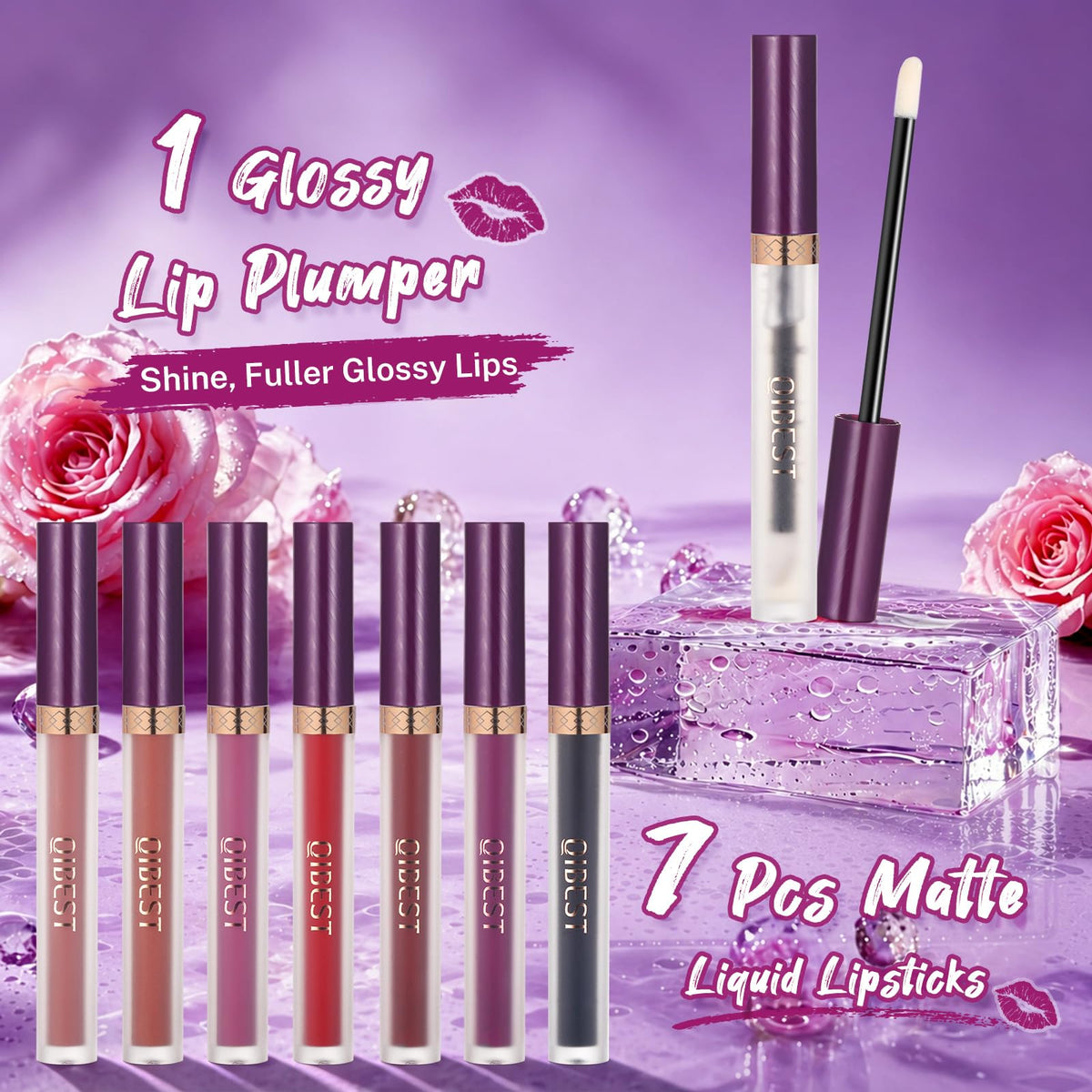 Close-up of QiBest lipstick shades in 7 vibrant colours