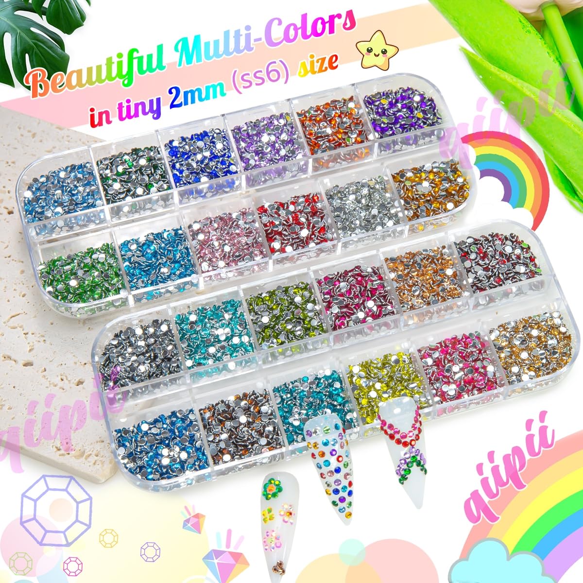Close-up of qiipii 24 Colour Small Crystal Rhinestones showing vibrant colours