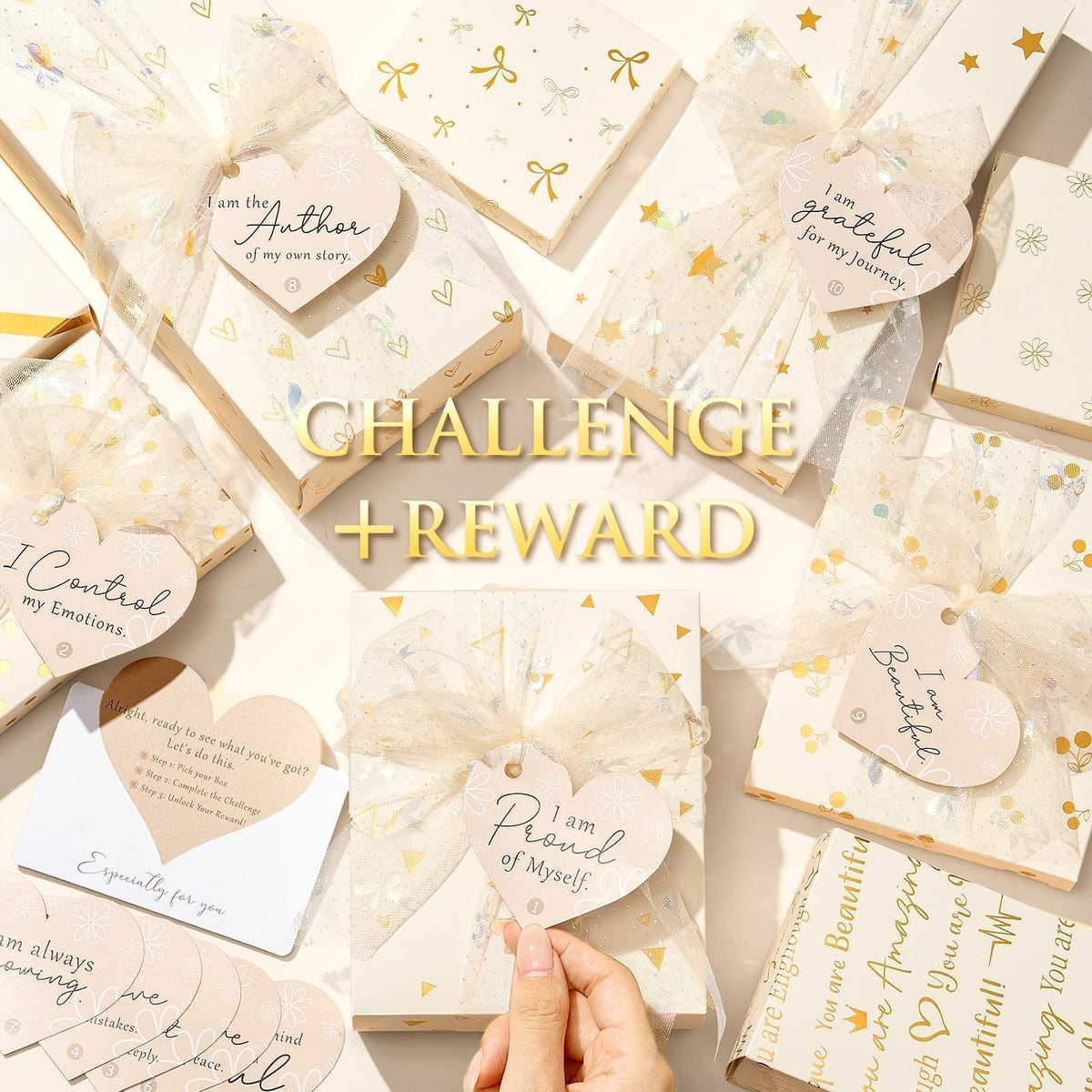 Close-up of Qinline affirmation cards and task tags in the gift set