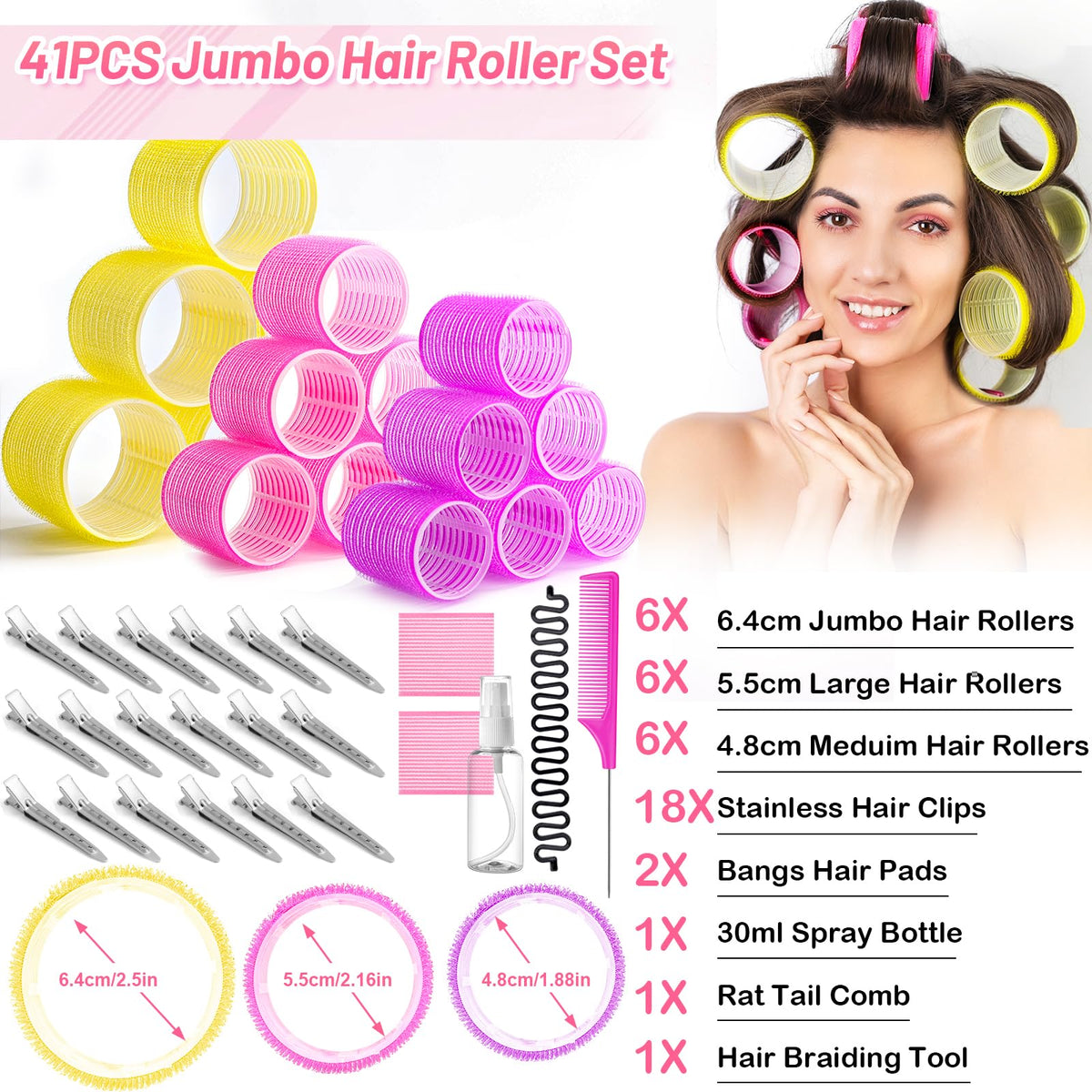 Close-up of Qinzave hair rollers in three sizes