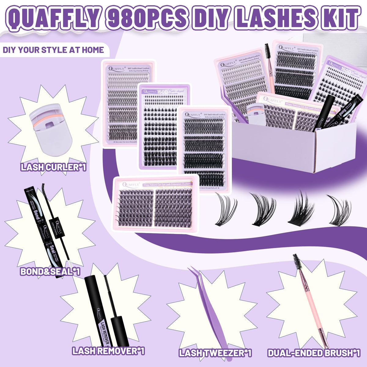 Close-up of QUAFFLY lash curler and precision tweezers