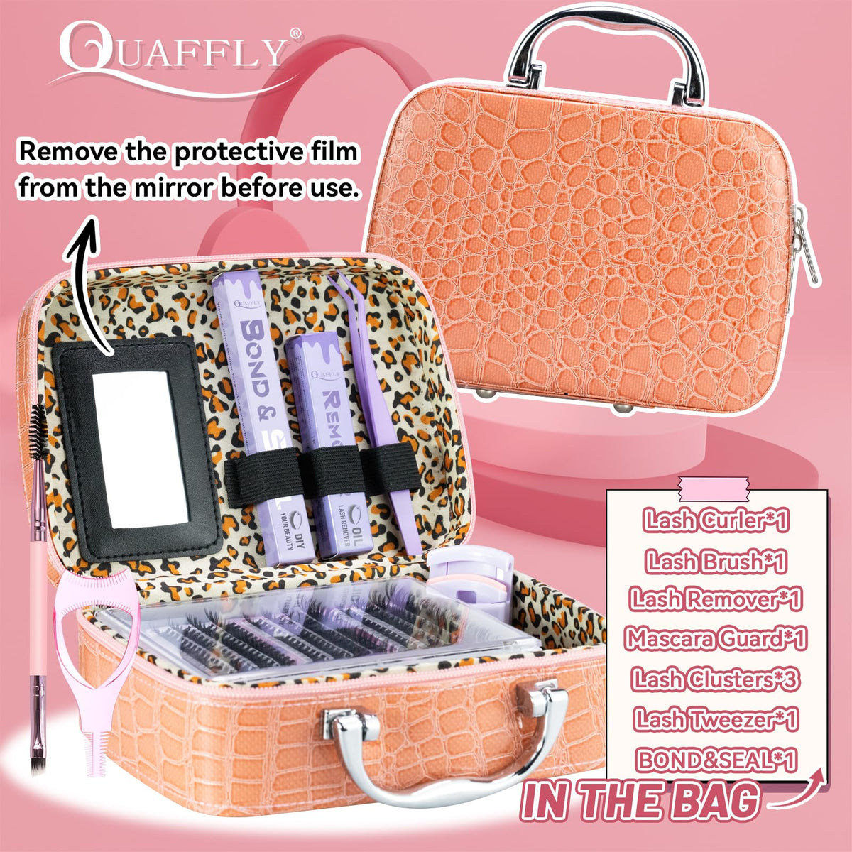Close-up of QUAFFLY precision tweezers and eyelash curler