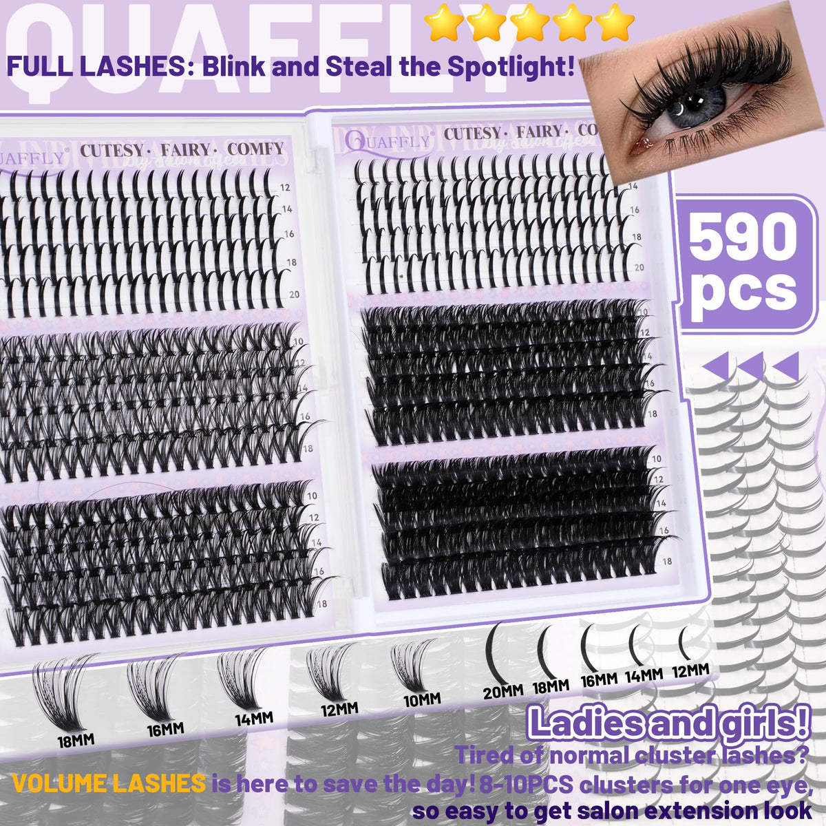 Close-up of QUAFFLY spike lashes in various styles