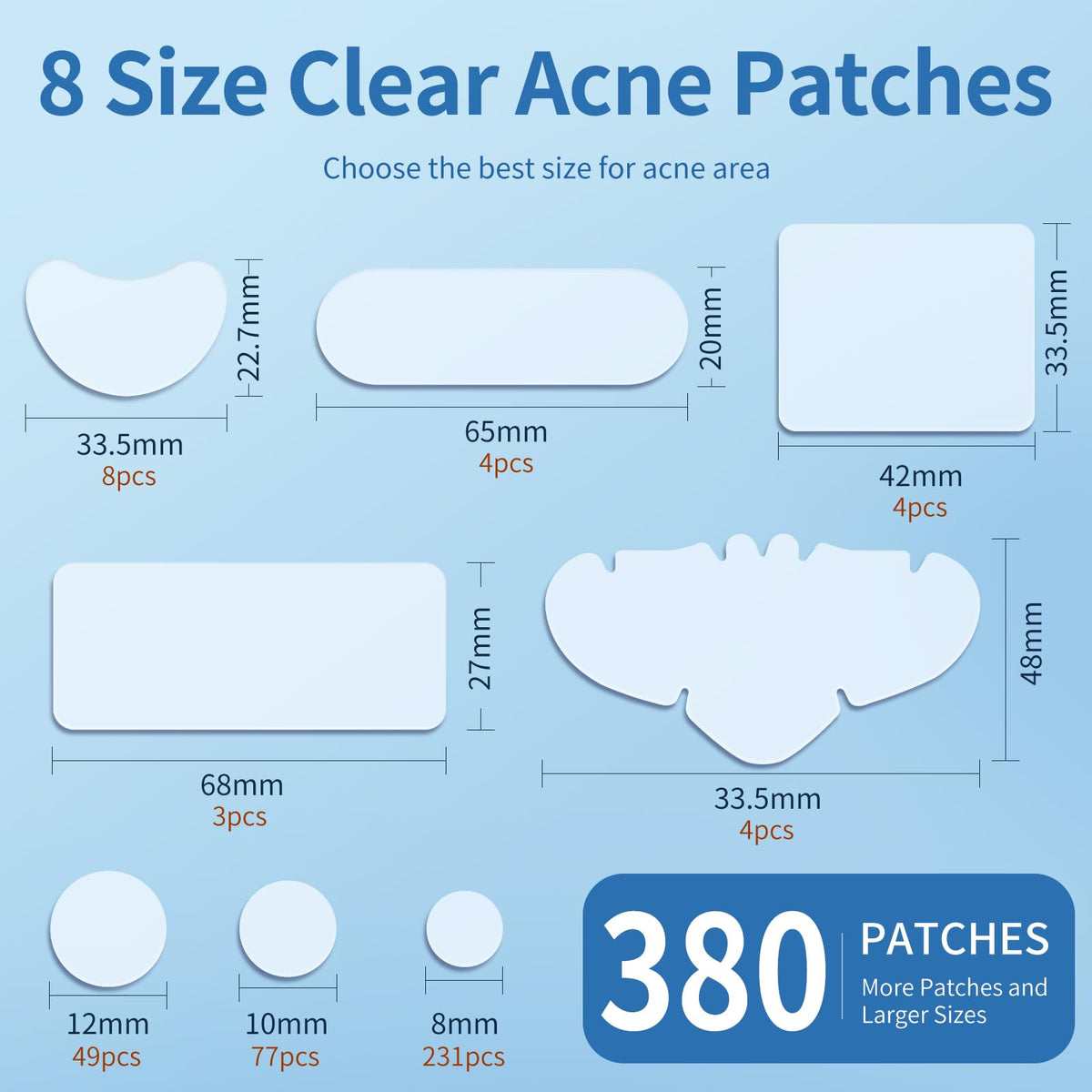 Close-up of QUSTERE hydrocolloid acne patches in various shapes
