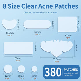 Close-up of QUSTERE hydrocolloid acne patches in various shapes