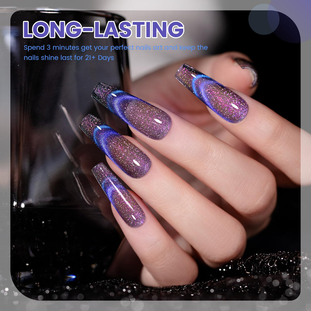 Close-up of RARJSM Chameleon Cat Eye Gel Nail Polish bottle with blue shade