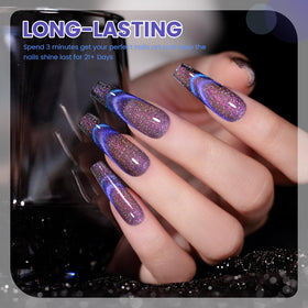 Close-up of RARJSM Chameleon Cat Eye Gel Nail Polish bottle with blue shade