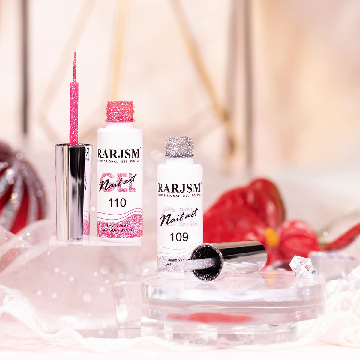 Close-up of RARJSM Gel Liner hot pink glitter polish bottle